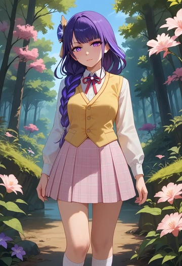 genshin impact,raiden shogun,spring,student uniform,vest  - AI generated anime art