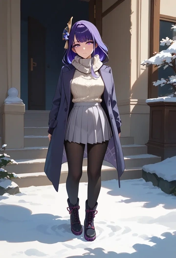 genshin impact,raiden shogun,winter,student uniform,puffer coat  - AI generated anime art