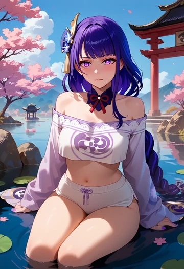 genshin impact,raiden shogun,off-shoulder top,dolphin shorts  - AI generated anime art