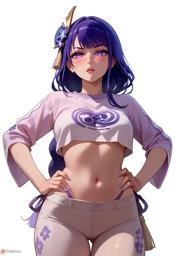 genshin impact,raiden shogun,crop top,athletic shorts  - AI generated anime art