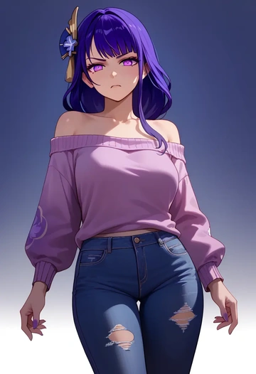 genshin impact,raiden shogun,sweater,off-shoulder,ripped jeans  - AI generated anime art