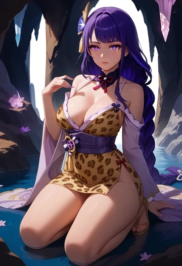 genshin impact,raiden shogun,leopard print,silk slip dress  - AI generated anime art