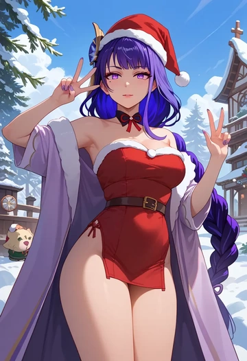 genshin impact,raiden shogun,Christmas,red velvet dress  - AI generated anime art