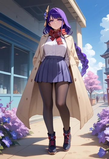 genshin impact,raiden shogun,winter,student uniform,fur-trimmed coat  - AI generated anime art