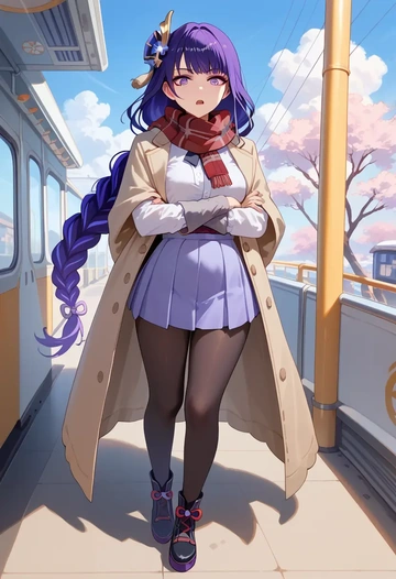 genshin impact,raiden shogun,winter,student uniform,fur-trimmed coat  - AI generated anime art