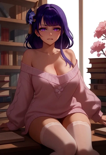 genshin impact,raiden shogun,Biting lip,off-shoulder,sweater,stockings  - AI generated anime art