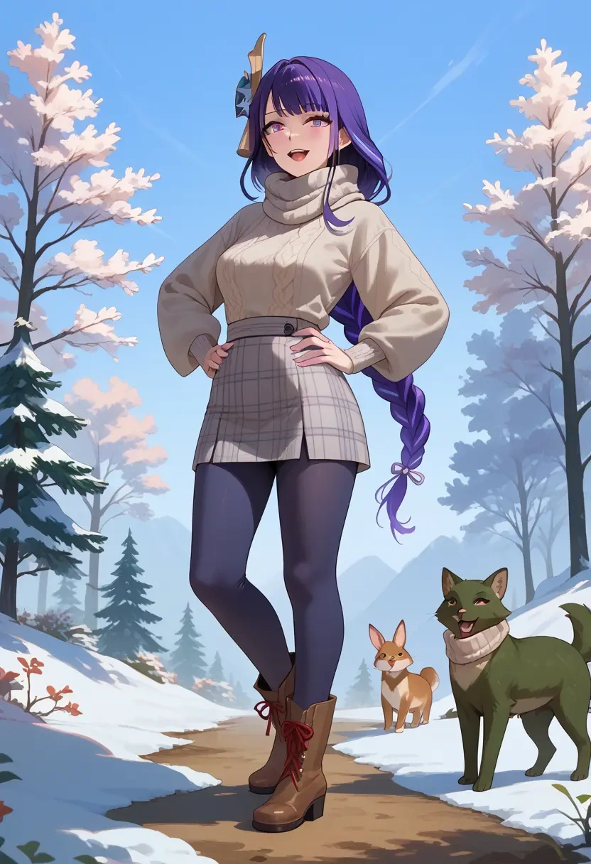 genshin impact,raiden shogun,winter,student uniform,fur-lined parka  - 