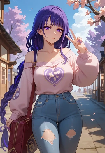 genshin impact,raiden shogun,sweater,off-shoulder,ripped jeans  - AI generated anime art