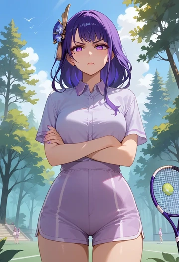 genshin impact,raiden shogun,tennis polo,skort  - AI generated anime art