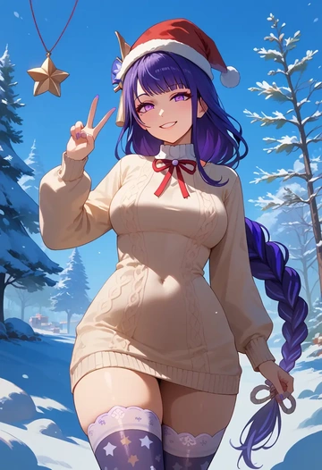 genshin impact,raiden shogun,Christmas,sweater dress,stockings  - AI generated anime art