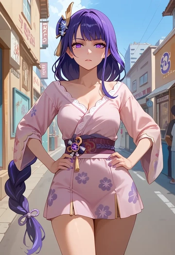 genshin impact,raiden shogun,floral graffiti blouse,dolphin shorts  - AI generated anime art