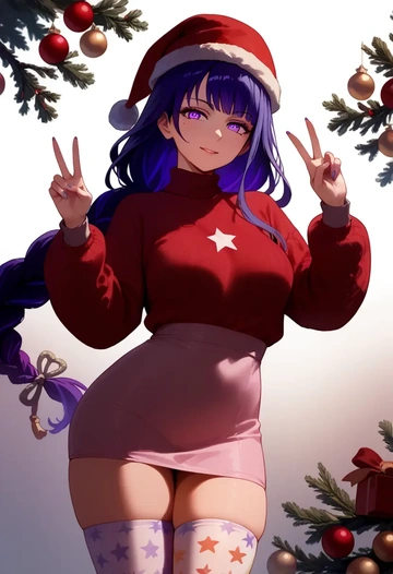 genshin impact,raiden shogun,Christmas,sweater dress,stockings  - AI generated anime art