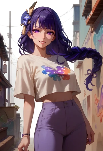 genshin impact,raiden shogun,cropped graffiti sweatshirt,dolphin shorts  - AI generated anime art