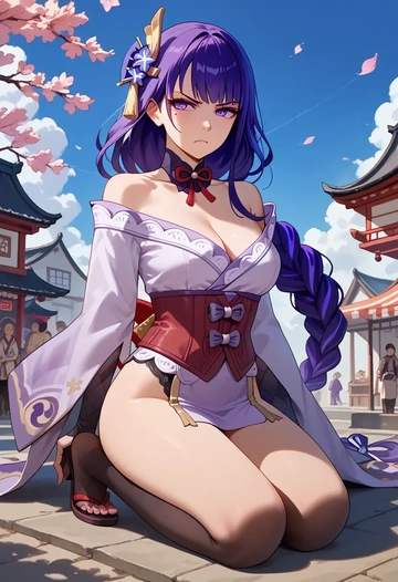 genshin impact,raiden shogun,vampire corset,lace blouse,velvet skirt  - AI generated anime art