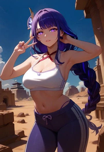 genshin impact,raiden shogun,halter top,track pants  - AI generated anime art