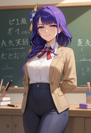 genshin impact,raiden shogun,teacher, sweater  - AI generated anime art