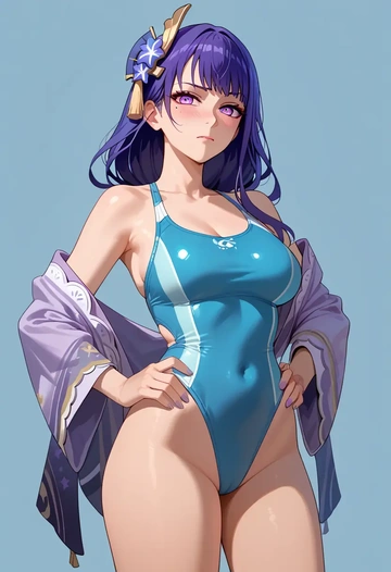 genshin impact,raiden shogun,racerback swimsuit,striped trim,name tag patch  - AI generated anime art