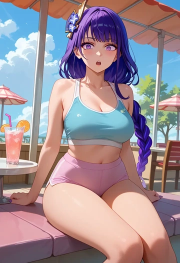 genshin impact,raiden shogun,tankini top,board shorts  - AI generated anime art