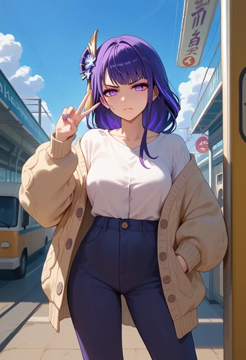 genshin impact,raiden shogun,cardigan,oversized,wide-leg pants  - AI generated anime art