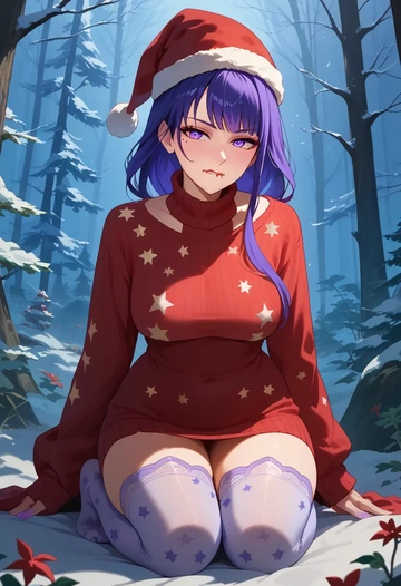 genshin impact,raiden shogun,Christmas,sweater dress,stockings  - AI generated anime art