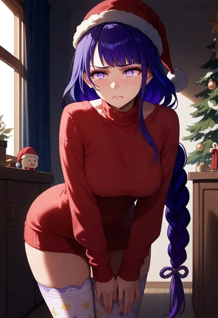 genshin impact,raiden shogun,Christmas,sweater dress,stockings  - 