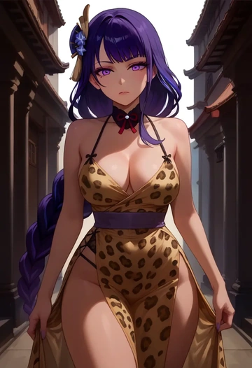 genshin impact,raiden shogun,leopard print,silk slip dress  - AI generated anime art