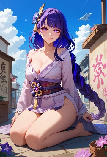 genshin impact,raiden shogun,floral graffiti blouse,dolphin shorts  - AI generated anime art