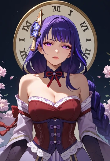 genshin impact,raiden shogun,vampire corset,lace blouse,velvet skirt  - AI generated anime art