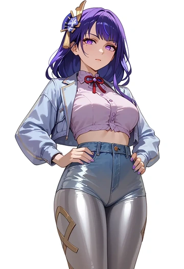 genshin impact,raiden shogun,denim jacket,cropped,leather leggings  - AI generated anime art