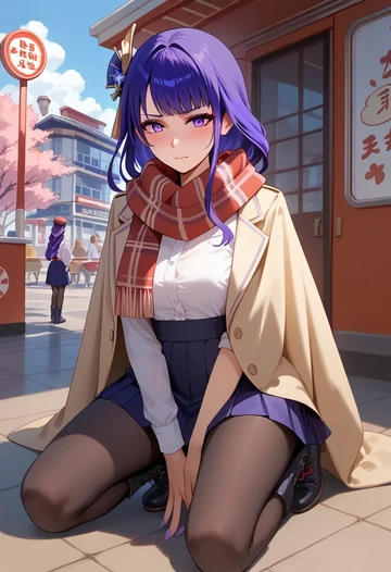 genshin impact,raiden shogun,winter,student uniform,fur-trimmed coat  - AI generated anime art