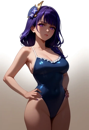 genshin impact,raiden shogun,retro style swimsuit,frilled neckline,bow detail  - AI generated anime art