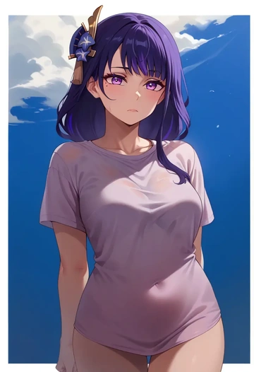 genshin impact,raiden shogun,running shirt,shorts,sneakers  - AI generated anime art