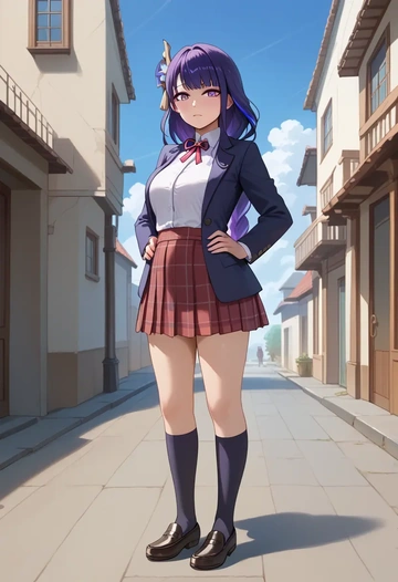 genshin impact,raiden shogun,winter,student uniform,plaid skirt  - AI generated anime art