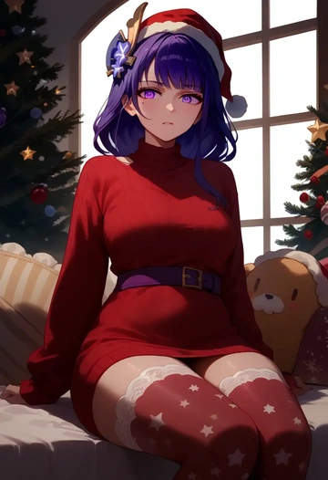 genshin impact,raiden shogun,Christmas,sweater dress,stockings  - AI generated anime art