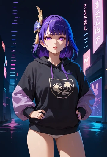 genshin impact,raiden shogun,oversized graphic hoodie,thigh-high socks,shorts  - AI generated anime art