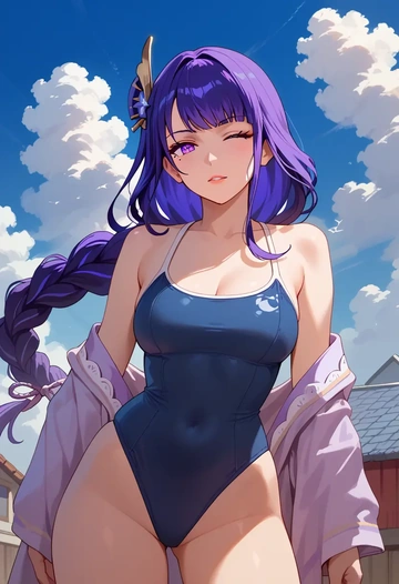 genshin impact,raiden shogun,retro style swimsuit,frilled neckline,bow detail  - AI generated anime art