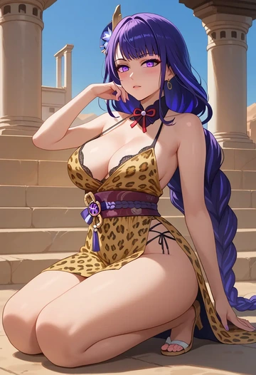 genshin impact,raiden shogun,leopard print,silk slip dress  - AI generated anime art