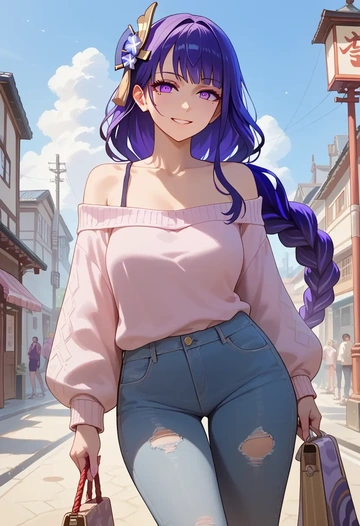 genshin impact,raiden shogun,sweater,off-shoulder,ripped jeans  - AI generated anime art