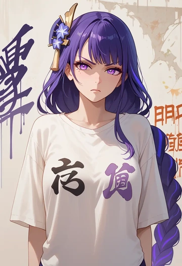 genshin impact,raiden shogun,oversized graffiti shirt,dolphin shorts  - AI generated anime art