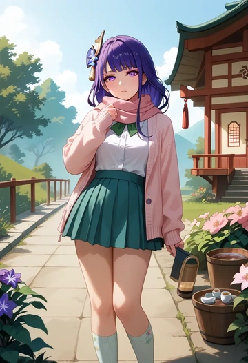 genshin impact,raiden shogun,spring,student uniform,light cardigan  - AI generated anime art