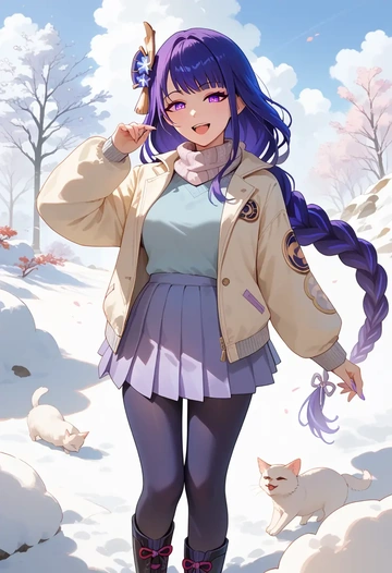 genshin impact,raiden shogun,winter,student uniform,puffer jacket  - AI generated anime art