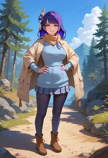 genshin impact,raiden shogun,winter,student uniform,down jacket  - AI generated anime art