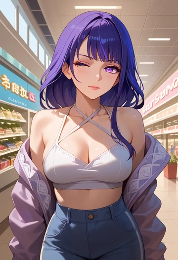 genshin impact,raiden shogun,halter top,track pants  - AI generated anime art