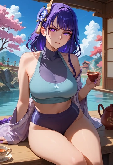 genshin impact,raiden shogun,tankini top,board shorts  - AI generated anime art