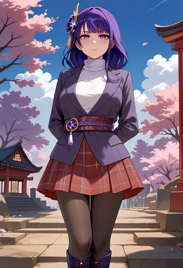 genshin impact,raiden shogun,winter,student uniform,fur-collared jacket  - AI generated anime art