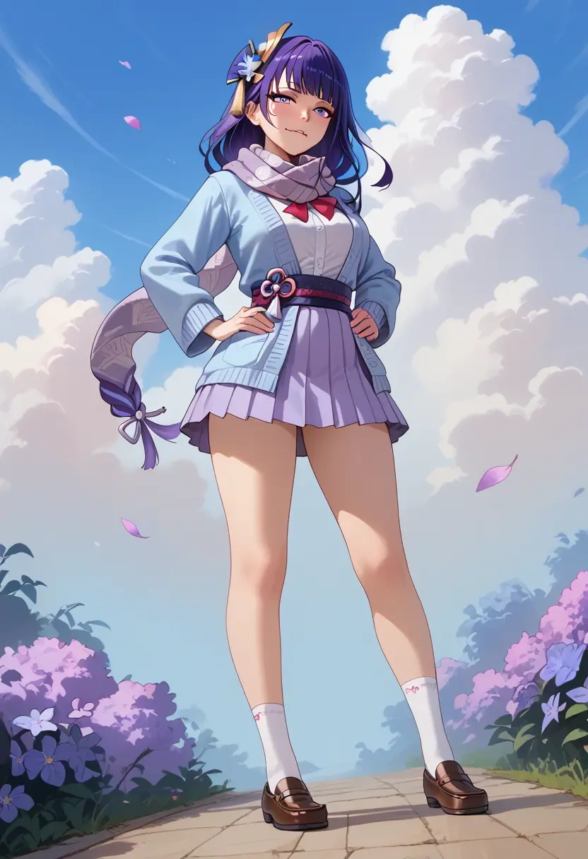 genshin impact,raiden shogun,spring,student uniform,cardigan  - 