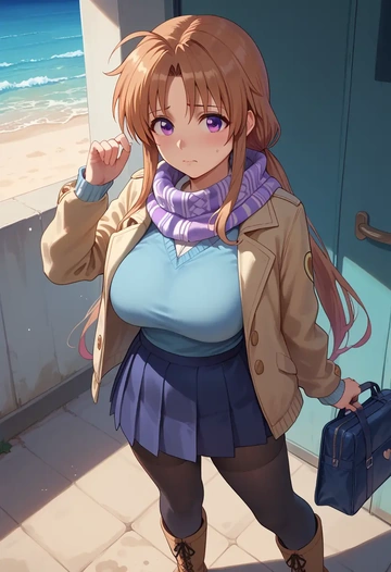 lyrical_nanoha,raising_heart,winter,student uniform,puffer jacket  - AI generated anime art