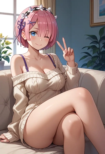 re_zero_kara_hajimeru_isekai_seikatsu,ram_(re_zero),off-shoulder,sweater  - AI generated anime art