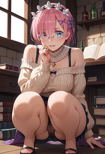 re_zero_kara_hajimeru_isekai_seikatsu,ram_(re_zero),sweater,panties,off-shoulder,glasses,sexy  - AI generated anime art