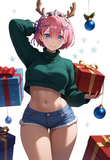 re_zero_kara_hajimeru_isekai_seikatsu,ram_(re_zero),Christmas,red velvet shorts,turtleneck sweater  - AI generated anime art